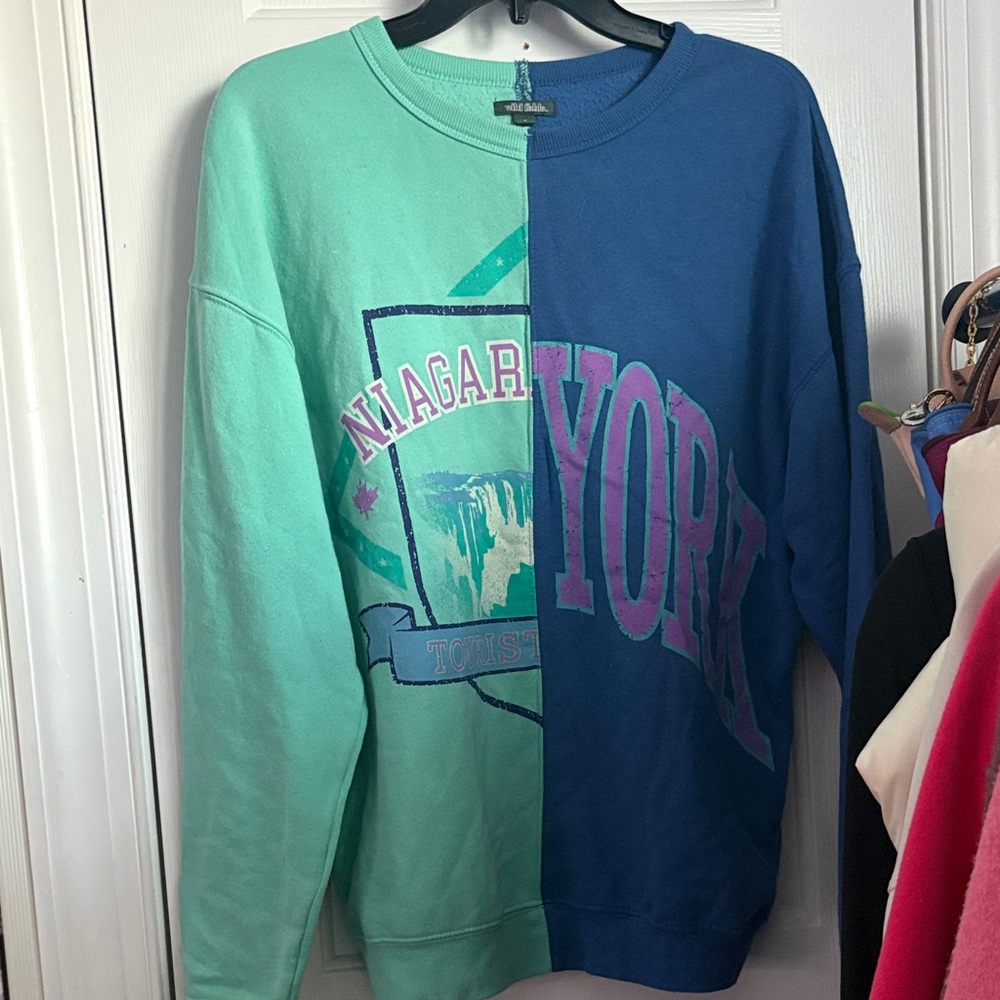 Wild Fable Two-Tone Graphic Crewneck Sweater - Green and Blue